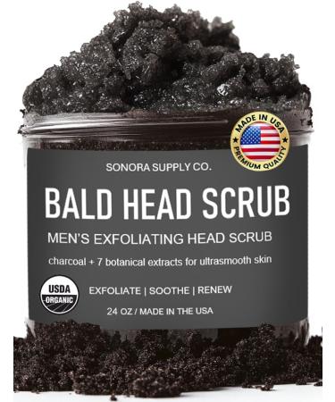 Bald Head Scrub for Men - Made in USA - Huge 24 OZ Jar - Bald Head Exfoliating Scrub - Deep Cleans Pore Clogging Dirt Dry Flaky Skin Soothe Refresh and Renew for a Baby Soft Bald Head