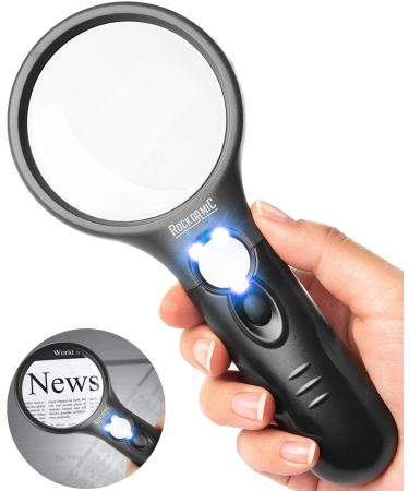 RockDaMic Professional Magnifying Glass with Light (3X / 45x) Large Lighted Handheld Glass Magnifier Lupa for Reading, Jewelry, Coins, Stamps, Fine Print - Strongest Magnify for Kids & Seniors