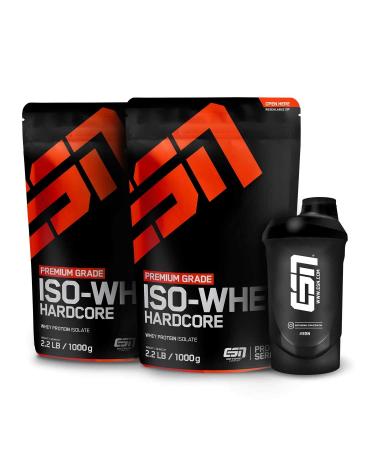 ESN IsoWhey Hardcore 2 x 1000 g Banana Stand-Up Pouch + Free ESN Shaker Banana 1 kg (Pack of 2)