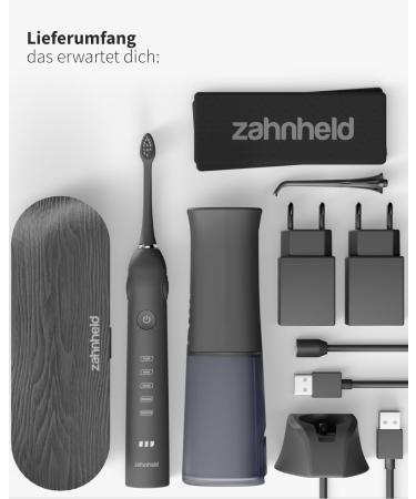 Zahnheld Super Set: Electric Sound Toothbrush Gero & Aquadent Oral Shower | Brush Head & Travel Case Included | Effective Black & White Tooth & Interdental Cleaning - Buy Online on GoSupps.com