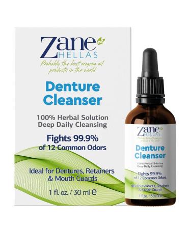 Zane Hellas Denture Cleaner. Oregano Oil Power. Ideal for Dentures Retainers Braces Mouth Guards. Helps Remove Plaque Tartar Stains and Bad Odor. 100% Herbal Solution. 1 fl.oz.-30ml.