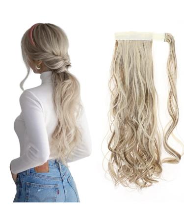 17" Long Curly Wavy Wrap Around Ponytail Clip in Hair Extensions One Piece Hairpiece Magic Tape in Pony Tail Extension for Women Sandy Blonde & Bleach Blonde