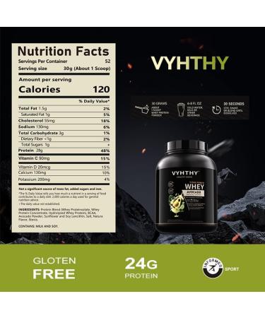VYHTHY Avocado Flavored Whey Protein Powder 24g Protein per Serving Fast-Absorbing Concentrated whey Protein Low Sugar Gluten-Free Natural Flavor 3.5lbs(56oz) - Buy Online on GoSupps.com