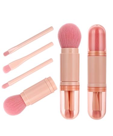Travel Makeup Brushes Set 4 in-1 Portable Retractable Professional Foundation Blush Mini Cute Foundation Blending Powder Eye Shadow Brush for Women Facial Cosmetics Makeup Brush Set (Pink)