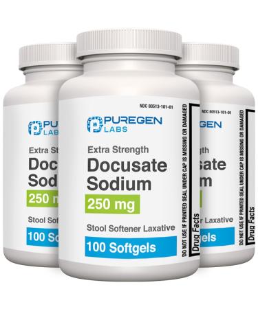 Puregen Labs Docusate Sodium 250mg Stool Softener Laxative | Gentle Constipation Relief | Extra Strength | Stimulant Free Total 300 softgels - Buy Online on GoSupps.com