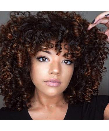 Curly Wigs for Black Women - Premium Curly Afro Wig, Short Synthetic Kinky Curly Wig with Bangs(Mixed Brown #2/33)