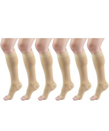 30-40 mmHg Compression Stockings for Men and Women Knee High Length Open Toe Beige Small (6 Pairs) Small Beige