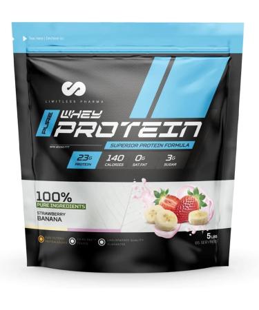 Limitless Pharma Pure Whey Protein | High Protein Whey Concentrate Protein Powder | 23g Protein 6g BCAAs Gluten Free Low Sugar Low Carb Low Lactose | 65 Servings 5LB (Strawberry Banana) Strawberry Banana 5LB
