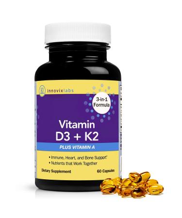 InnovixLabs Vitamin D3 K2 Supplement - ADK with VIT D3 5000 IU & Vitamin A - 600 mcg Vitamin K2 MK7 MK4 - D & K for Optimal Calcium Absorption  Bone Health & Immune Support  60 Capsules
