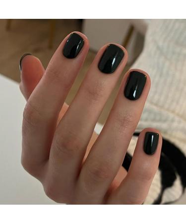 DMQ False Nails Short 24Pcs Black Fake Nails Square Glossy Press on Nails Full Cover Acrylic Stick on Nails with Nail Glue French Nail Tips for Women Girls Nails Art Short Black