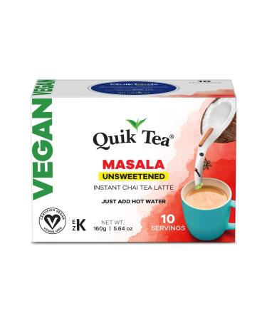 QuikTea Vegan Unsweetened Masala Chai Tea Latte - 10 Count Single Box - All Natural & Preservative Free Authentic Instant Chai Vegan Unsweetened Masala 10 Count (Pack of 1)