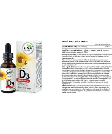 GNA Naturals Vitamin D3 Drops 2500 IU 30ml - Liquid Vitamin D3 for Adults - High Potency Flavorless Easy to Absorb - Pure D3 Supplement for Daily Wellness - Supports Bone Heart and Teeth Health - Buy Online on GoSupps.com