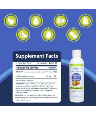 Core Med Science Liposomal Vitamin C 1000mg Liquid - Original Formula 5 Fl Oz - Natural Liposomal Vitamin C Supplement Non-GMO - Immune System Booster for Adults - Supports Collagen Formation - Buy Online on GoSupps.com