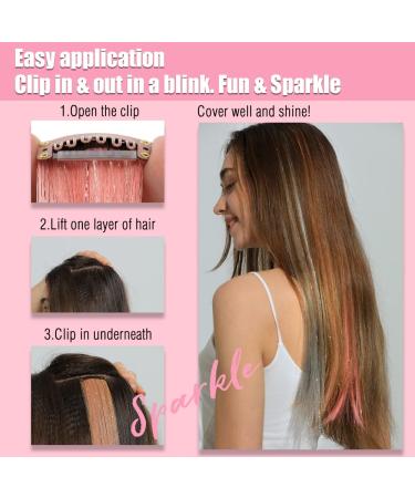 Twinkle Sparkle Clip in Colored Hair Extensions with Glitter Highlights - 22 Long, Straight Synthetic Hairpiece for Women, Girls, Kids - Pink Macaron Festival Gift - Buy Online on GoSupps.com