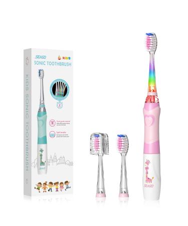 SEAGO Kids Electric Toothbrushes Sonic Toothbrush, Soft Battery Powered Tooth Brush with Smart Timer,Waterproof Replaceable Deep Clean for Kids(Age of 3+),Child Electric Toothbrush (977Pink)
