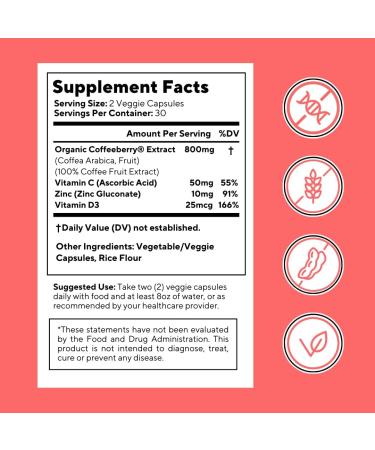 Vitapia Vitacoffee Caffeine Pills Coffee Fruit Vitamin C Vitamin D Zinc Gluconate Energy Memory Focus Skin Support 60 Capsules - Buy Online on GoSupps.com