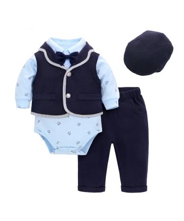 famuka Baby Boy Formal Outfit Suit with Bows Waistcoat Gentleman Tuxedo with Hat 4 PCS 6 Months Blue - Buy Online on GoSupps.com