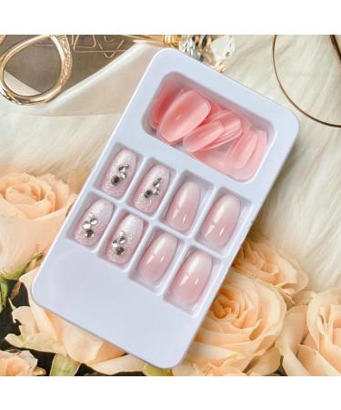 Glossy Pink White Medium Coffin Press On Nails - 24Pcs | Summer Nail Art with Rhinestone & Glitter | Full Cover Acrylic Stick On Nails for Women - Buy Online on GoSupps.com
