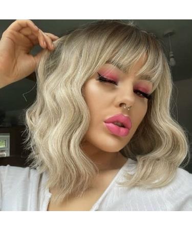 KEVVTY Ombre Blonde Wavy Bob Wig With Bangs Blonde Short Wavy Wig With Bangs for Women Medium Length Realistic Colorful Synthetic Cosplay Wig With Dark Roots (Ombre Blonde Wig) 14 Inch Ombre Blonde Wig
