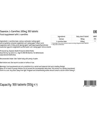 Swanson L-Carnitine 500mg 100 Vegan Tablets - High-Dose Lab-Tested Vegetarian Formula - Buy Online on GoSupps.com