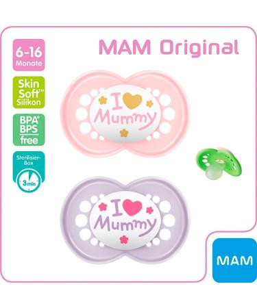 MAM Original I Love Mummy & Daddy Silicone Pacifiers 6-16 Months - 4-Pack for Girls with Sterilization Boxes - Buy Online on GoSupps.com