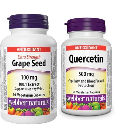 Webber Naturals Grape Seed 100 mg Extra Strength 90 Capsules Antioxidant Support Vegan & Quercetin 500 mg 60 Capsules Antioxidant Support Vegan Seed + Quercetin 500 mg