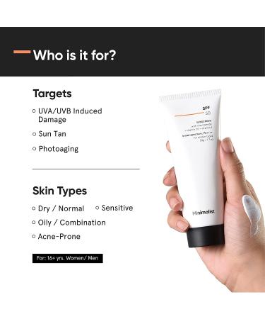 Minimalist Cream Sunscreen SPF 50 - Lightweight No White Cast Broad Spectrum PA ++++ | Acne Safe with Multi-Vitamins | Unisex 50g - Shop Internationally - Buy Online on GoSupps.com