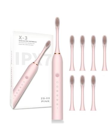 Electric Toothbrush for Adults Travel Electric Toothbrush with 8 Brush Heads Smart 6-Speed Timer Electric Toothbrush IPX7 Waterproof Pink