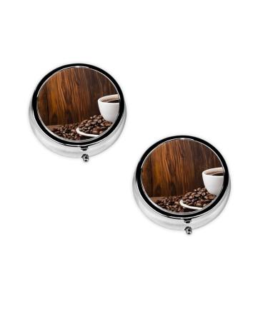 (Coffee Cup and Coffee Beans) Round Pill Box 3 Compartment Pill Box Mini Decorative Pocket Purse Portable Travel Medicine Tablet Vitamin Holder Organizer Pill Case