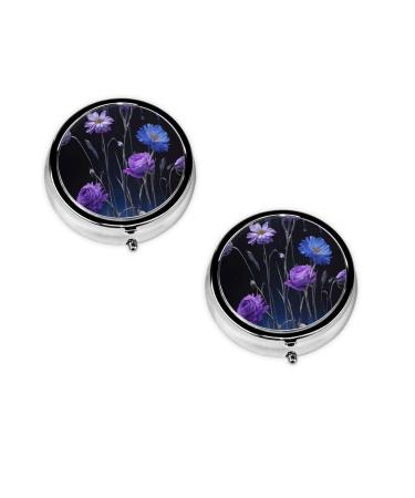 (Purple Flower) Round Pill Box 3 Compartment Pill Box Mini Decorative Pocket Purse Portable Travel Medicine Tablet Vitamin Holder Organizer Pill Case