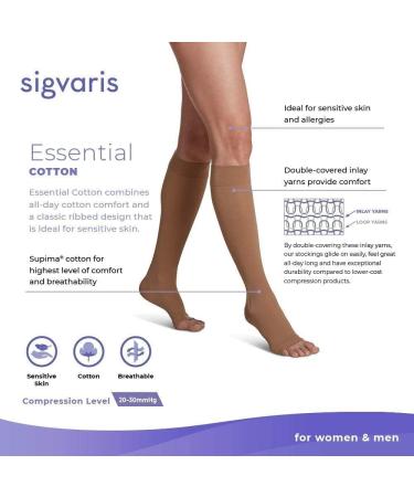SIGVARIS Essential Cotton 230 Open Toe Calf-High Socks for Men & Women | 20-30mmHg Compression | Light Beige | Large Short - International Shipping Available - Buy Online on GoSupps.com