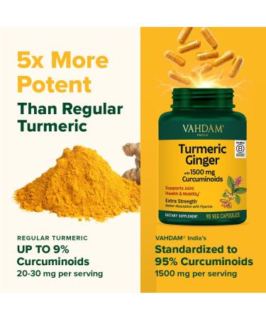 VAHDAM Extra Strength Turmeric Ginger Supplement with 1500mg Curcuminoids per Serving | Added Piperine for Better Absorption | Supports Joint Health and Mobility | 90 Veg Capsules - Buy Online on GoSupps.com