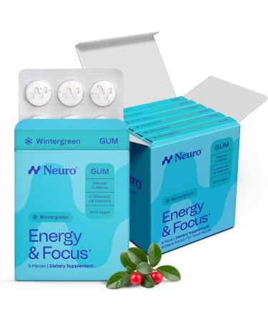 Neuro Energy & Focus Gum - 40mg Natural Caffeine Gum & Nootropic Energy Supplement with L-Theanine & B Vitamins - Sugar Free Vegan - Wintergreen 54ct