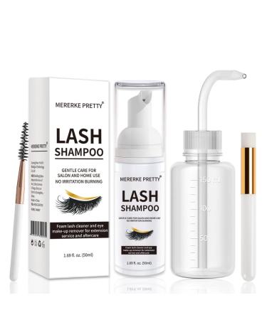 Eyelash Extension Cleanser 50 ml + Brushes + Rinse Bottle Eyelid Foaming Cleanser, Lash Foam Shampoo for Extensions and Natural Lashes, Paraben & Sulfate Free, Makeup Remover For Salon and Home Use