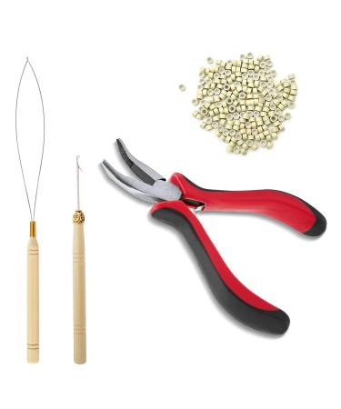 Hair Extension Tool Kit  Bead Device Tool  Silicone Lined Links Beads  Curved Hair Plier  for Tinsel and Feather Hair Extensions or Removal (Beige)