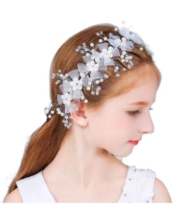 Flower Girl Wedding Headband White Floral Crown Pearl Headband Flower Bride Wedding Hair Vine Decorative Wedding Hair Comb Hair Accessories for Brides Girls