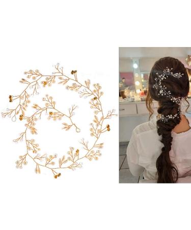 TQsuen Bride Wedding Crystal Hair Vine Hair Accessories  20 Inches Pearl and Crystal Beads Bridal Hair Vine Headband Wedding Head Pieces for Women and Girls  Gold