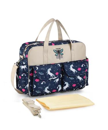Kamay's Multifunctional Waterproof Mummy Shoulder Diaper Bag Chic Nappy Changing Bag Tote/Messenger Style Large Lightweight High-density Glossy Nylon Fabric with Changing Mat (Dark Blue Unicorn Navy)