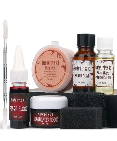 Bowitzki Halloween SFX Makeup Kit Scar Wax Special Effect Makeup Scab Blood + Spirit Gum + Skin Wax + 2 Stipple Sponges + Extension Oil + Spatula + Fake Blood