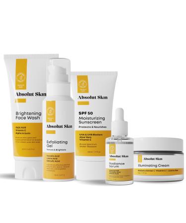 Absolut Skin Radiance Bundle 5-Step Advanced Brightening System Complete Skincare Kit with Face Wash Gel Cream Serum & SPF Moisturizer