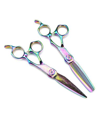 Hair Cutting Scissors 6 Inch Professional Upscale Scissor Rainbow Damascus Hair Scissors Haircut Thinning Barber Cutting Shears Hairdressing Scissors Set