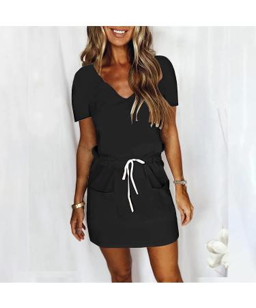 Women's Casual Summer Dress | V Neck Striped Sun Dress with Pockets - Black - Buy Online on GoSupps.com