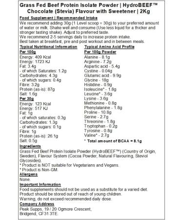 Grass Fed Beef Protein Isolate 95% - HydroBEEF | Chocolate Stevia Flavour (2kg) Chocolate 2kg - Buy Online on GoSupps.com