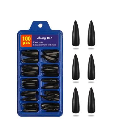 100pcs Extra Long Stiletto Fake Nails Set - Black Acrylic False Nails with Case for Salon Women and Girls - Buy Online on GoSupps.com