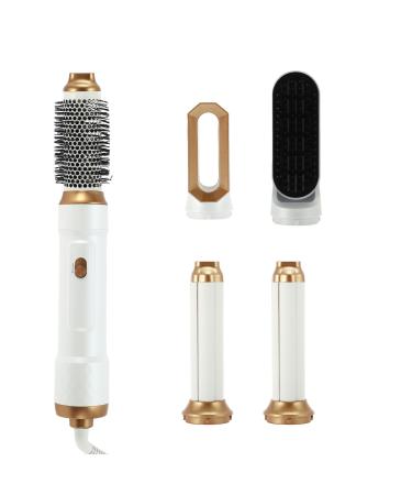VOCOSTE Hot Air Brush 5 in 1 Hair Dryer Brush Detachable Hair Dryer Styler Volumizer Hair Straightener Comb Blow Dryer Electric Curling Wand Set White Gold Tone