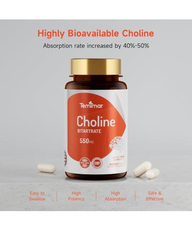 Choline Bitartrate 550mg, Supports Liver & Brain Health, High Absorption Choline Supplements, Non-GMO, Gluten-Free, Made in USA, 60 Vegan Capsules 60 Count (Pack of 1) Choline Bitartrate - Buy Online on GoSupps.com