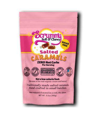 Scrummy Sweets Salted Caramels - Sugar Free Diabetic Friendly Keto Certified No Sugar Alcohols Zero Net Carbs. Made with Organic Butter & Cream Celtic Salt - 3.5oz Bag Salted-Caramel