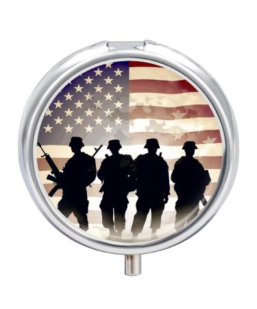Round Pill Box Armed Forces American Print 3 Compartment Medicine Pill Case Print Pill Organizer Decorative Metal Portable Pill Box Pocket Pill Box Style