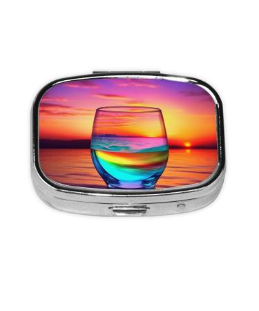 Colorful Glass Drink Sunset Printing 2 Compartment Small Pill Case Cute Small Pill Box Purse Pill Boxs Travel Pill Organizer for Pocket Purse and Travel Gifts