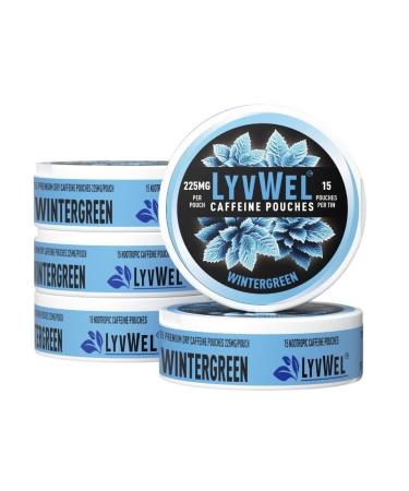 LyvWel 225mg Caffeine Energy Pouches Wintergreen 5-Pack (75 Pouches) Cool Clean Focus Ultra Strength Caffeine with Guarana for Lasting Energy Wintergreen 5 pack